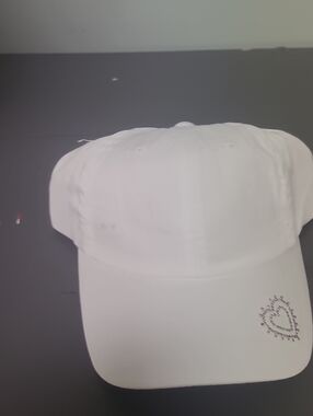 White Baseball Cap with Heart Crystal Accent